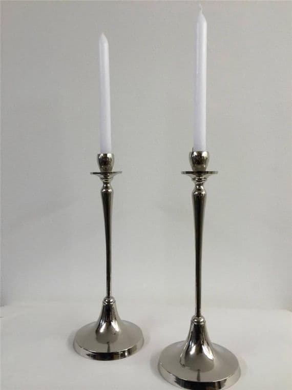 Beautiful Pair Of Large Shiny Nickel Plated Candle Stick Holders Wedding Az-02