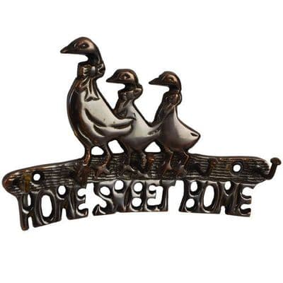 Brass Key Holder, Rack Family of Ducks Home Sweet Home, Antique Finish 5 Hooks
