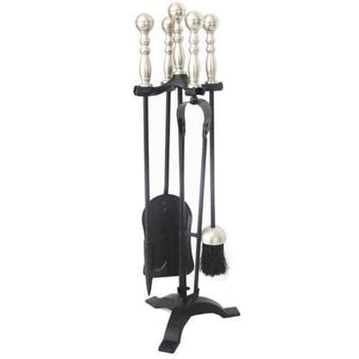 Large 5 Pce Fireside Companion Pewter Brass Sets Cast Iron Black Fireplace Tools