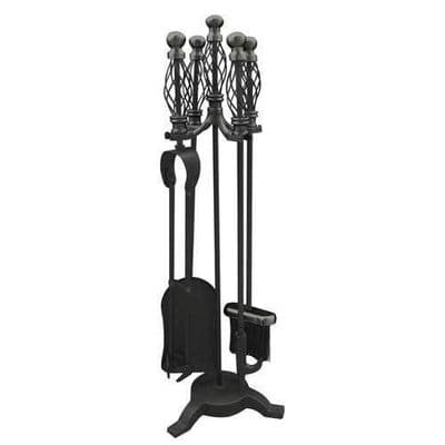 Large 5 Pce Ornate Fireside Companion Set'S Cast Iron Black Fireplace Fire Tools