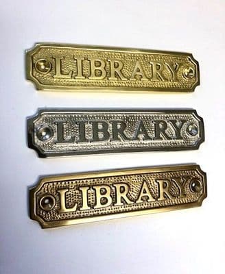 LIBRARY Brass Door Sign, Plain Brass, Antique Bronze or Shiny Nickel