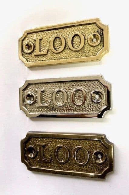 LOO  Brass Door Sign, Plain Brass, Antique Bronze or Shiny Nickel