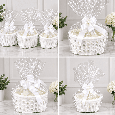 Make Your Own Hamper Kit 3 Sizes White Oval Basket Bow & Cellophane Xmas Gift Small Medium Large