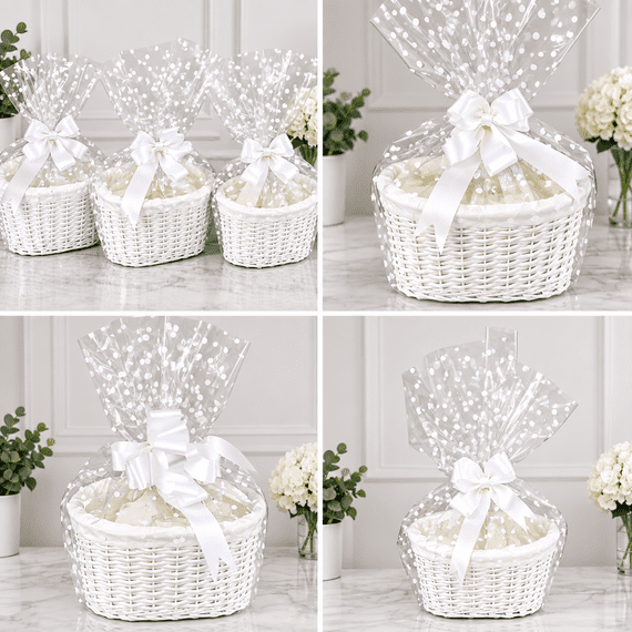 Make Your Own Hamper Kit 3 Sizes White Oval Basket Bow & Cellophane Xmas Gift Small Medium Large