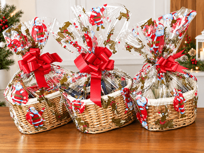 Make Your Own SANTA Hamper Kit 3 Sizes Oval Basket Bow & Cellophane Xmas Gift Small Medium Large