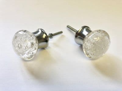 PAIR OF BUBBLE GLASS CUPBOARD DOOR DRAWER CABINET KNOBS HANDLES CHROME