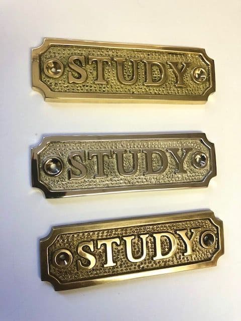 STUDY Brass Door Sign, Plain Brass, Antique Bronze Or Shiny Nickel