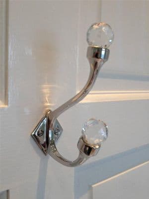 Stunning Nickel Brass Cut Glass Door Double Hook Hanger Bathroom Bedroom Silver