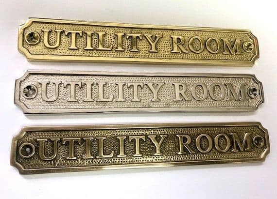 UTILITY ROOM  Large Brass Door Sign, Plain Brass, Antique Bronze or Shiny Nickel