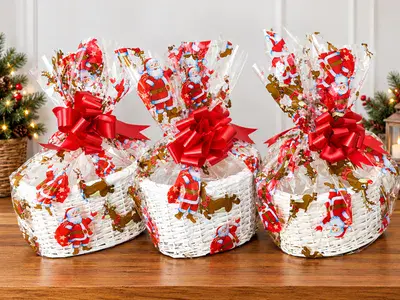 White Oval Willow Basket Make Your Own Santa Hamper Kit 3 Sizes, including Bows & Cellophane Xmas