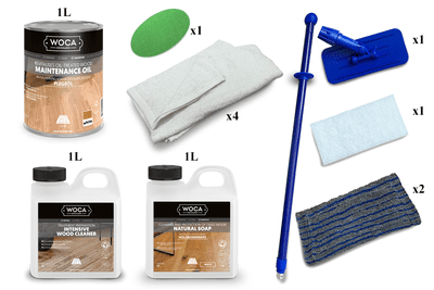 Kit, deep clean and reoil an aged floor with white Woca Maintenance Oil, DC146 and  DC147