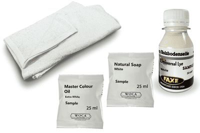 Kit sample, Prepare Faxe Universal Lye, Oil finish extra white Master Colour Oil DC008 & DC085