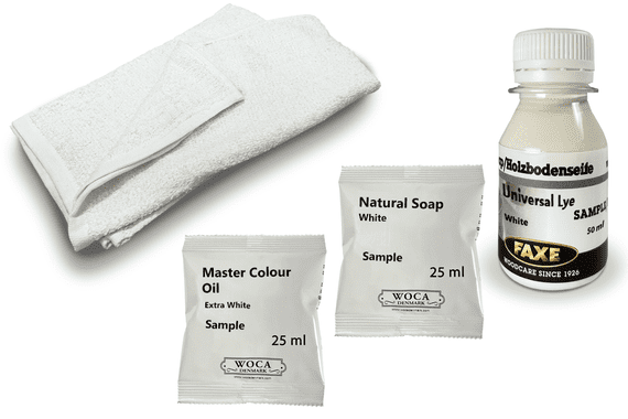 Kit sample, Prepare Faxe Universal Lye, Oil finish extra white Master Colour Oil DC008 & DC085