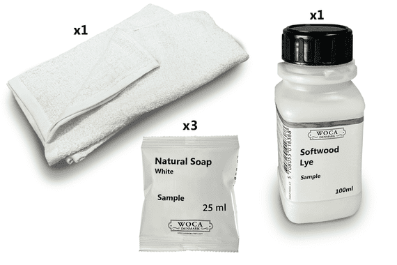 Kit sample, Prepare Woca Softwood Lye, Soap finish Woca white Soap DC011
