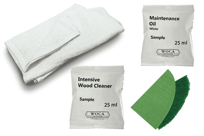 Kit samples, deep clean and reoil an aged floor with white Woca Maintenance Oil, DC146 and  DC147