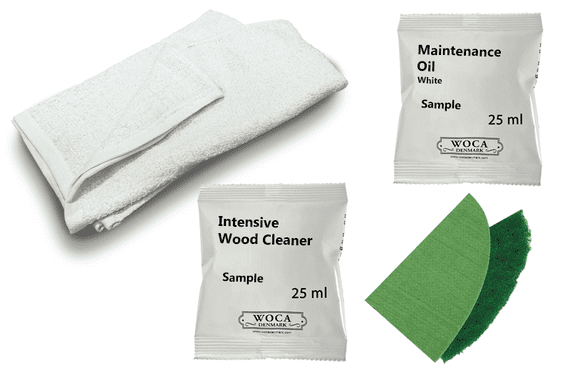 Kit samples, deep clean and reoil an aged floor with white Woca Maintenance Oil, DC146 and  DC147