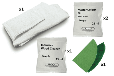 Kit samples, Oil finish with extra white Woca Master Colour Oil, by hand DC159 and  by machine DC160