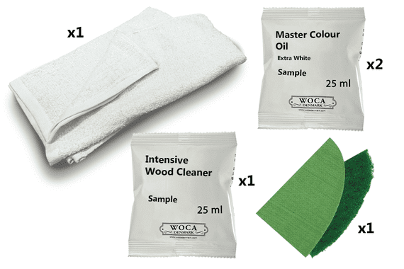 Kit samples, Oil finish with extra white Woca Master Colour Oil, by hand DC159 and  by machine DC160
