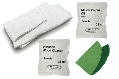 Kit samples, Oil finish with white Woca Master Colour Oil, by hand DC081 and  by machine DC082