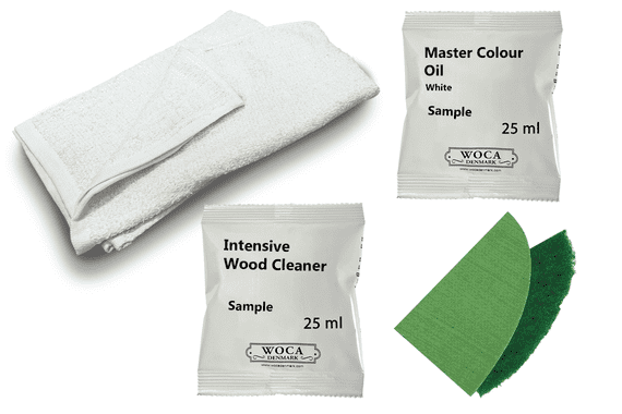 Kit samples, Oil finish with white Woca Master Colour Oil, by hand DC081 and  by machine DC082