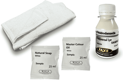 Kit samples, Prepare Faxe Universal Lye, Oil finish Woca white Master Colour Oil DC007 and  DC036