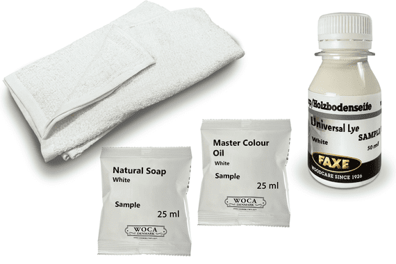 Kit samples, Prepare Faxe Universal Lye, Oil finish Woca white Master Colour Oil DC007 and  DC036