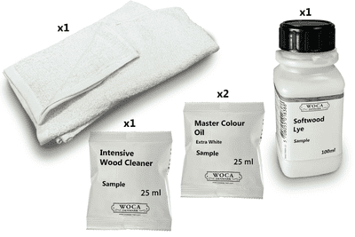 Kit samples, Prepare Woca Softwood Lye, Oil finish Woca extra white Master Oil DC002 and DC018