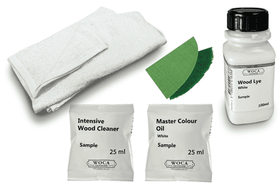 Kit samples, Prepare Woca Wood Lye, Oil finish Woca white Master Colour oil DC005 and  DC031