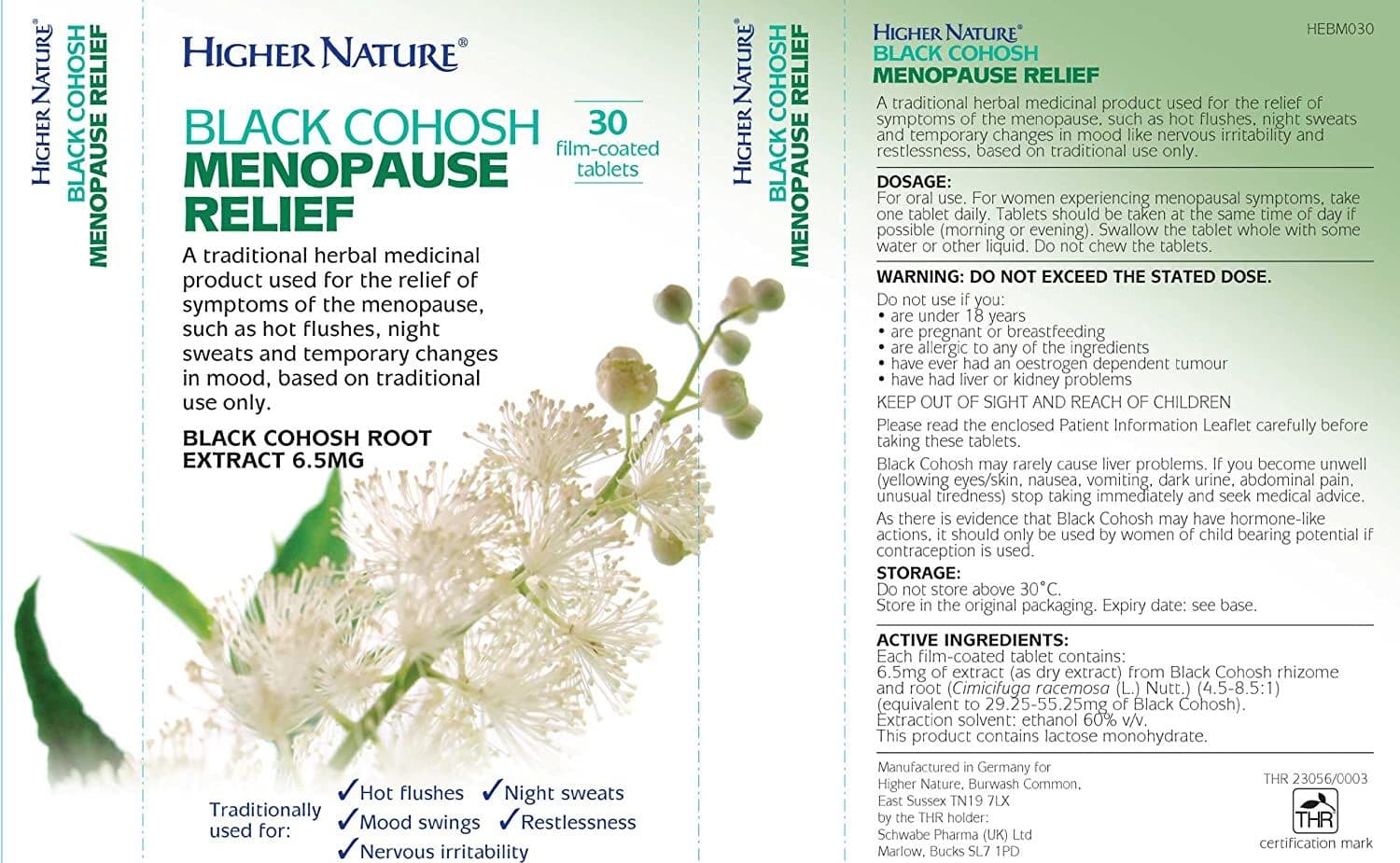 Higher Nature Black Cohosh Menopause Relief 30 Tablets