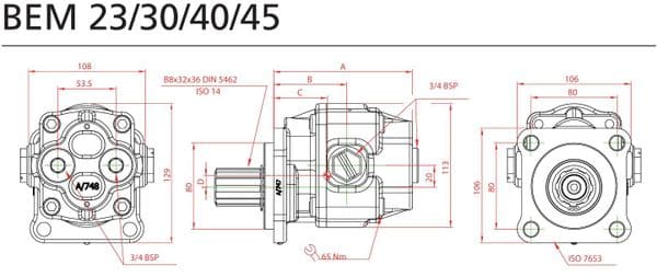 45cc Gear Pump ISO 4 Bolt Bi Directional - BEM 45 - BEZARES 5044706