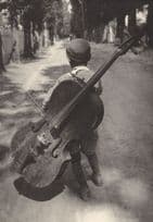 1930s Boy Busker with Giant Cello Bass Musical Instrument Photo Postcard