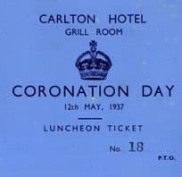 1937 Coronation Carlton Hotel London Lunch Private Ticket