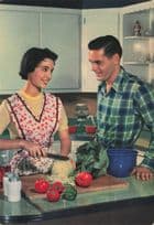 1960s American Family In Kitchen Knife Lettuce Romance Postcard