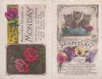 A Birthday Wish For Monday Kitten Cats 2x Antique Greetings Postcard s
