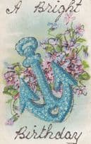 A Bright Birthday Ship Anchor Antique Glitter Postcard