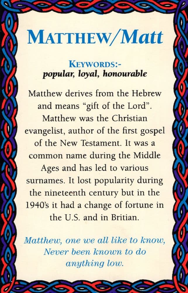 Mat Name A Name Called Matthew Matt Gospel 1940s Origin Postcard