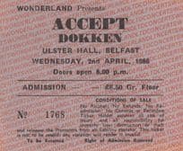 Accept Dokken 1986 Vintage Irish Belfast Heavy Metal Concert Ticket