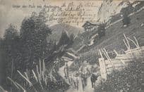Adelboden Swiss Child Farmer & Mother Walking Farm Goats 1910 Postcard