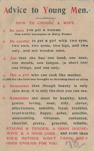 Advice To Young Men Dating A Lady Marriage Old Comic Postcard