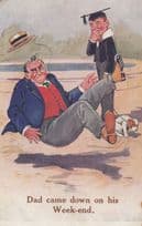 Aging Father Falling Over In Front Of Graduate Child Old Comic Humour Postcard