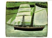 Alfred Wallis Big Ship Sailing Past Green Fields Painting Postcard