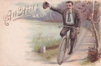 All Heil German Man On Bicycle Salute With Hat Old Postcard