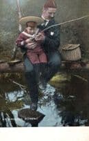 An Anxious Moment Father & Child Fishing Disaster River Edge Postcard