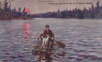 Animal Hunter With Dog On Way To Hunting Ground In Boat Raft Antique Postcard