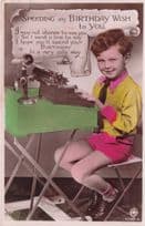 Antique Typewriter & Desk Lamp Greetings Real Photo Birthday Postcard