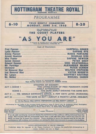 As You Are Campbell Singer Of Tony Hancock Dads Army Nottingham WW2 Theatre Programme