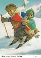 Austrian Alps Teddy Bears Skiing Postcard