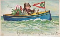 Austrian Child In Boat Happy New Year Clover Sailing 1937 Postcard