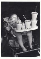 Baby in Pushchair Supersize Me Fizzy Drink Gluttony Art Postcard
