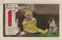 Baby's First Birthday Toy Dog On String Real Photo Old Postcard